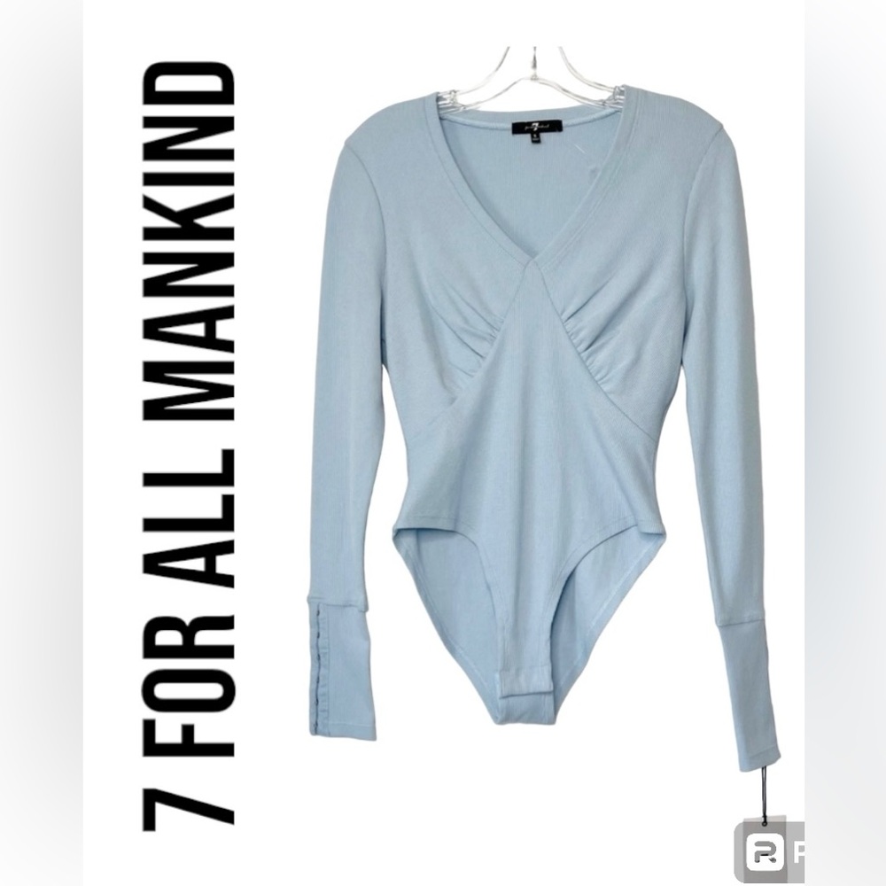 7 For All Mankind Blue Bodysuit Women’s Size Small Ribbed Long Sleeve